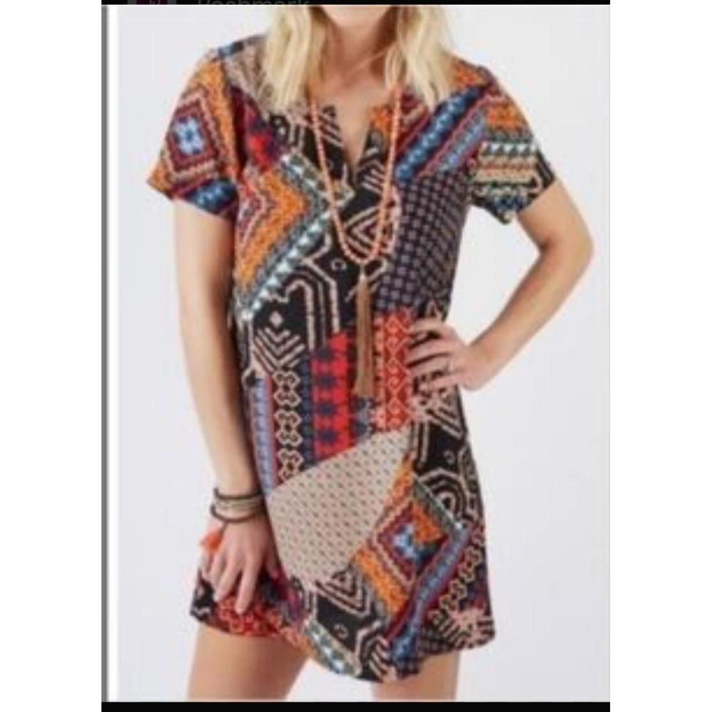 Vibrant Patchwork Print V Neck Shift Dress Boho Chic Braeve Evereve‎ Size Small